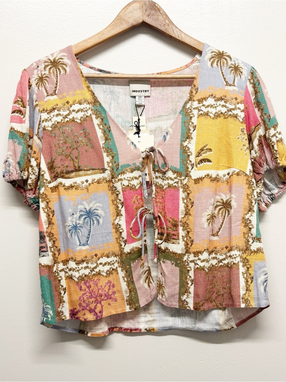 Industry Multi-Color Patchwork Print Tie-Front Women's Top Linen Blend Size S